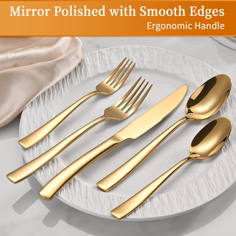 40-Piece Gold Silverware Set, Heavy Duty Stainless Steel Flatware Cutlery Set Service for 8, Food-Grade Utensil Sets for Home Restaurant, Dishwasher Safe