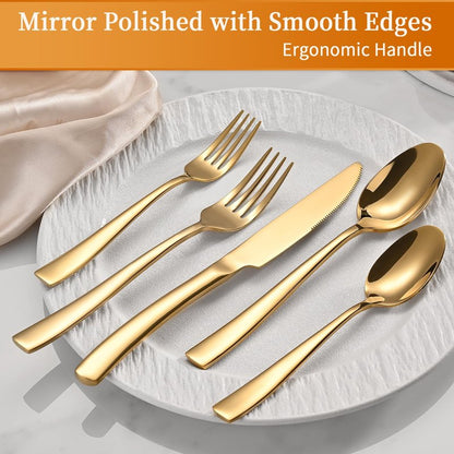 40-Piece Gold Silverware Set, Heavy Duty Stainless Steel Flatware Cutlery Set Service for 8, Food-Grade Utensil Sets for Home Restaurant, Dishwasher Safe
