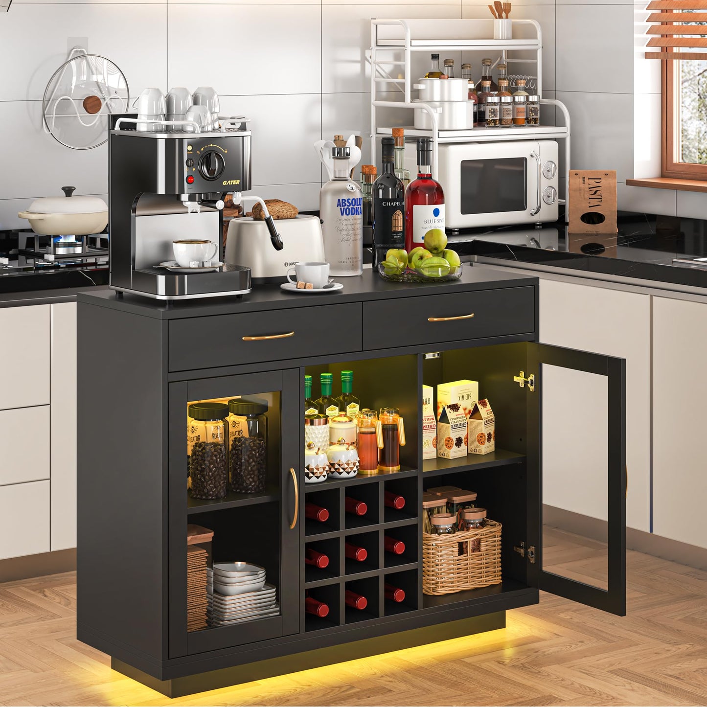 knoworld Wine Bar Cabinet with LED Lights, Coffee Bar Cabinet with Wine and Glass Rack, Black Bar Cabinet Liquor Cabinet, Kitchen Buffet Sideboard with Storage for Living Room, Dining Room