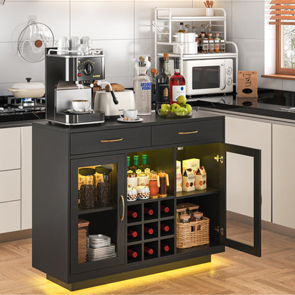 knoworld Wine Bar Cabinet with LED Lights, Coffee Bar Cabinet with Wine and Glass Rack, Black Bar Cabinet Liquor Cabinet, Kitchen Buffet Sideboard with Storage for Living Room, Dining Room