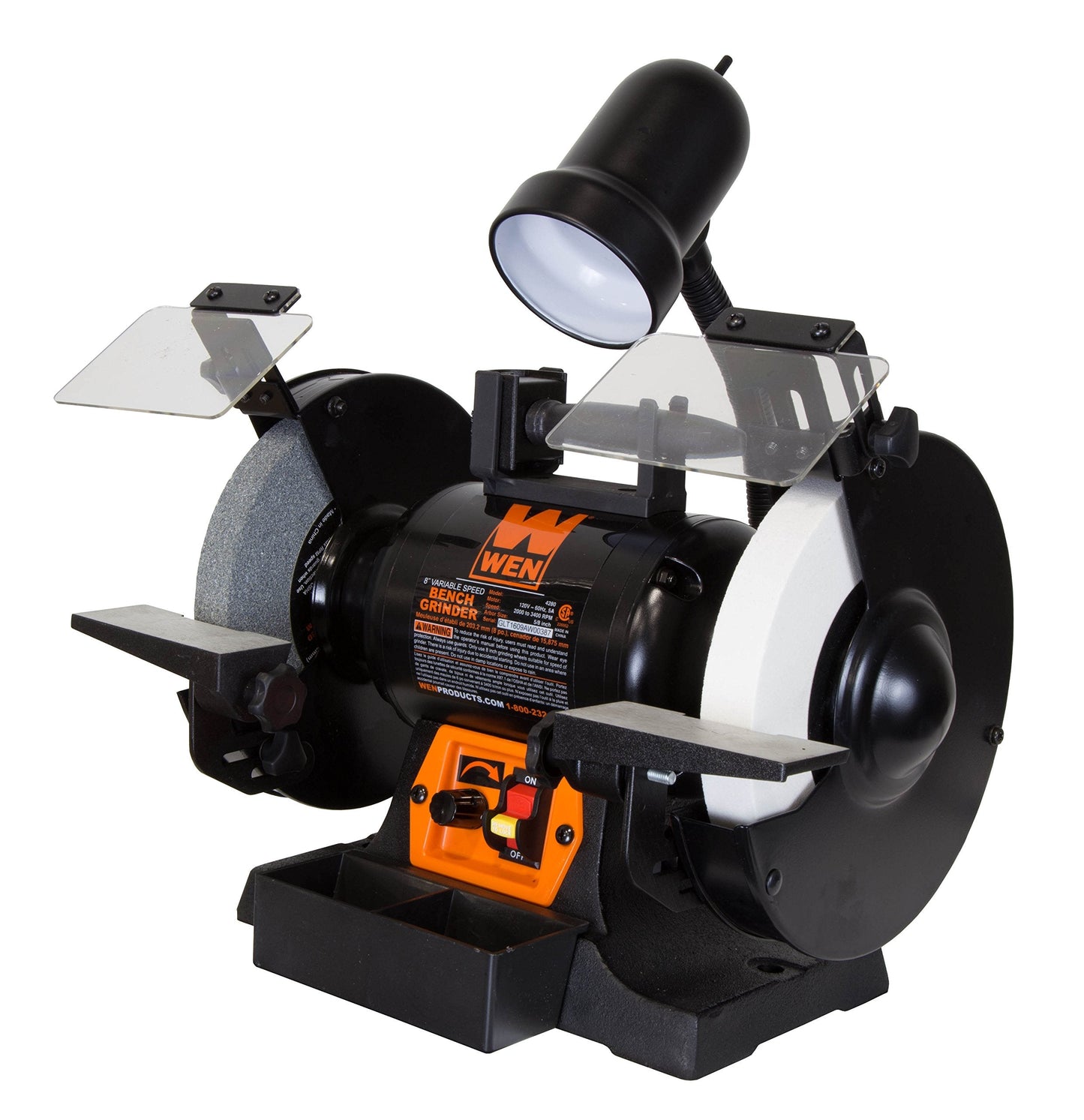 WEN BG4280 5-Amp 8-Inch Variable Speed Bench Grinder with Flexible Work Light & POWERTEC 15505 White Aluminum Oxide Grinding Wheel, 8-Inch by 1-Inch, 5/8-Inch Arbor, 120 Grit