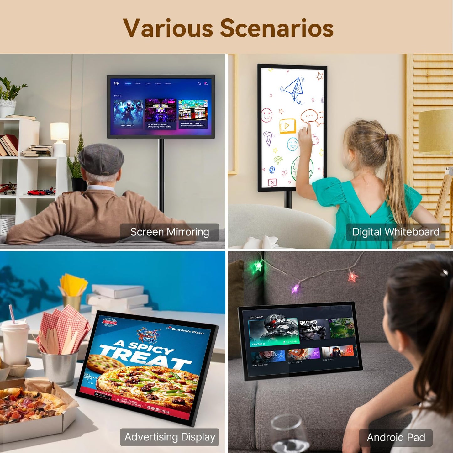 QIXZOCV 15.6" Digital Signage, Capacitive Touchscreen Advertising Display, Adjustable Stand, Android OS Interactive Kiosk, Wireless Screen Mirroring, 4+64GB, Multiple interfaces Available