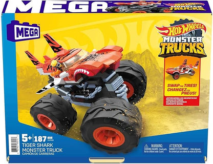 MEGA Hot Wheels Monster Trucks Building Toy Playset Tiger Shark with 187 Pieces 1 Micro Action Figure Driver Orange and Black Kids Age 5+ Years