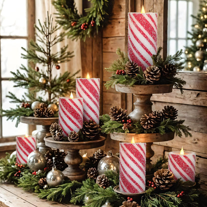 Christmas Flameless Pillar Candles Decor - 3PCS Candy Cane Stripe Real Wax Red and White LED Candles with Battery Operated for Home Christmas, New Year, Winter Wedding Party Decoration or Gift
