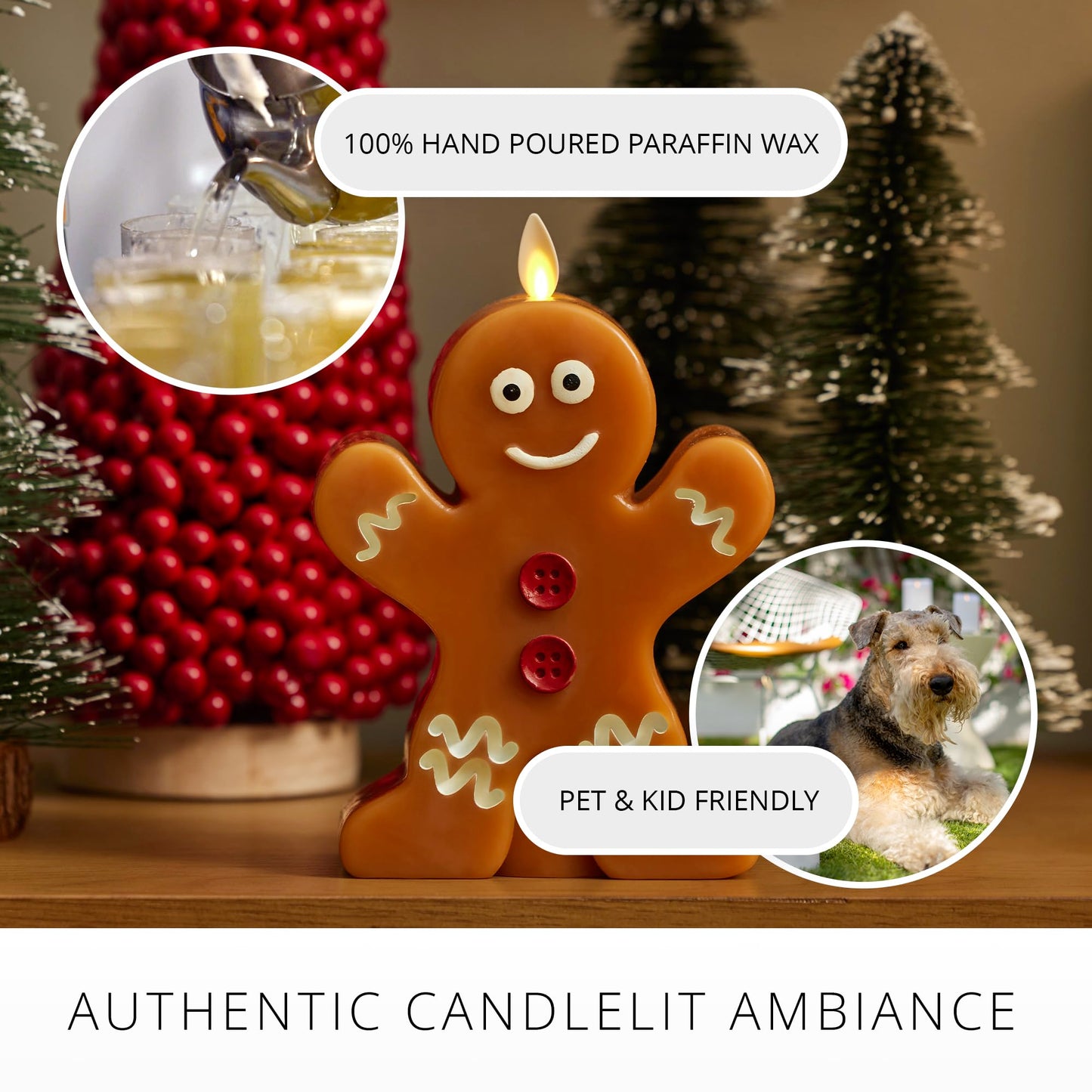 Luminara Flameless Festive Decor - Gingerbread Man Figural LED Candle Natural Color, Brown, 5.3" x 7.5" Real Wax Moving Flame Battery Operated Timer