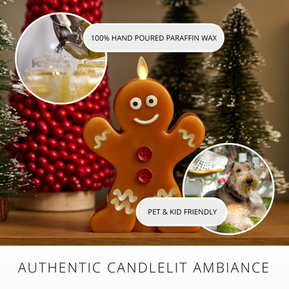 Luminara Flameless Festive Decor - Gingerbread Man Figural LED Candle Natural Color, Brown, 5.3" x 7.5" Real Wax Moving Flame Battery Operated Timer