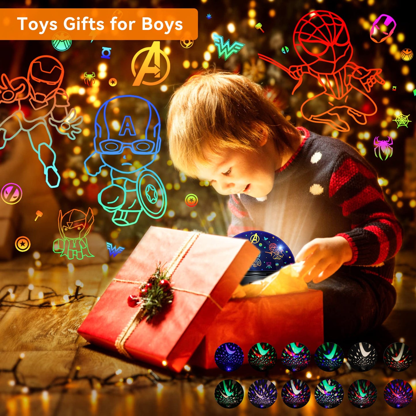 MOKOQI Kid Light Projector Superhero Toys for Boys 5-7 Avengers Night Light Projector with Timer for Kids Room, 360 Degree Rotation Toddler Nightlights with Spiderman Figurine Lamps and Star Projector