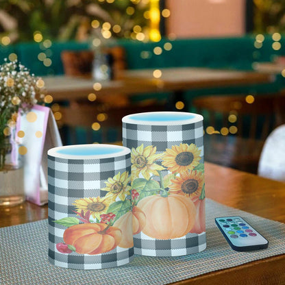 Eionryn Autumn Pumpkins Fall Sunflower Flameless Candles Black and White Buffalo Plaid Battery Operated LED Candles with Remote Timer Electric Candles for Home Party Decor 2pcs