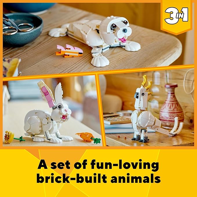 LEGO Creator 3 in 1 White Rabbit Animal Toy Building Set STEM Toy for Kids 8+ Transforms from Bunny to Seal to Parrot Figures Creative Play Building Toy for Boys and Girls 31133