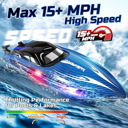RC Boats for Adults Remote Control Boat for Pools and Lakes WF17 25+ KMH Fast RC Speed Boat with 7 LED Light Modes for Kids 8-12 Summer Toys for Boys Girls 2 Batteries for 30-40 Mins Blue