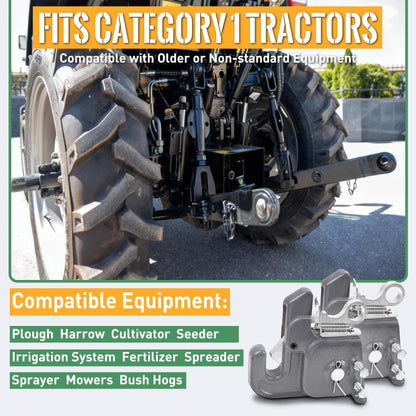 Upgraded Cat 1 Tractor Easy Change Quick Hitch System, Compatible with 3 Point Hitch Adapter, Tractor Hitch Faster Attach and Detach to Implements, Comes Stabilizer Bar, Grey