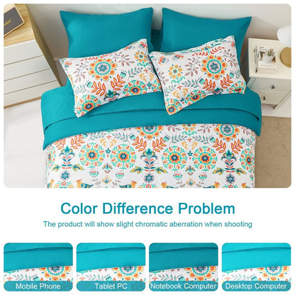 DHSFKBE Boho Comforter Set King - 7 Pieces Bed in a Bag Floral Medallions Design, Bohemian Comforter Set with Sheets, Soft Microfiber Complete Bedding Sets All Season (Teal Blue, King)