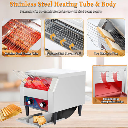 CTJ Commercial Toaster 300 Slices/Hour Electric Conveyor Toasters Heavy Duty Stainless Steel Rotating Toasters Machince for Croissants Bun, Bagel, Bread