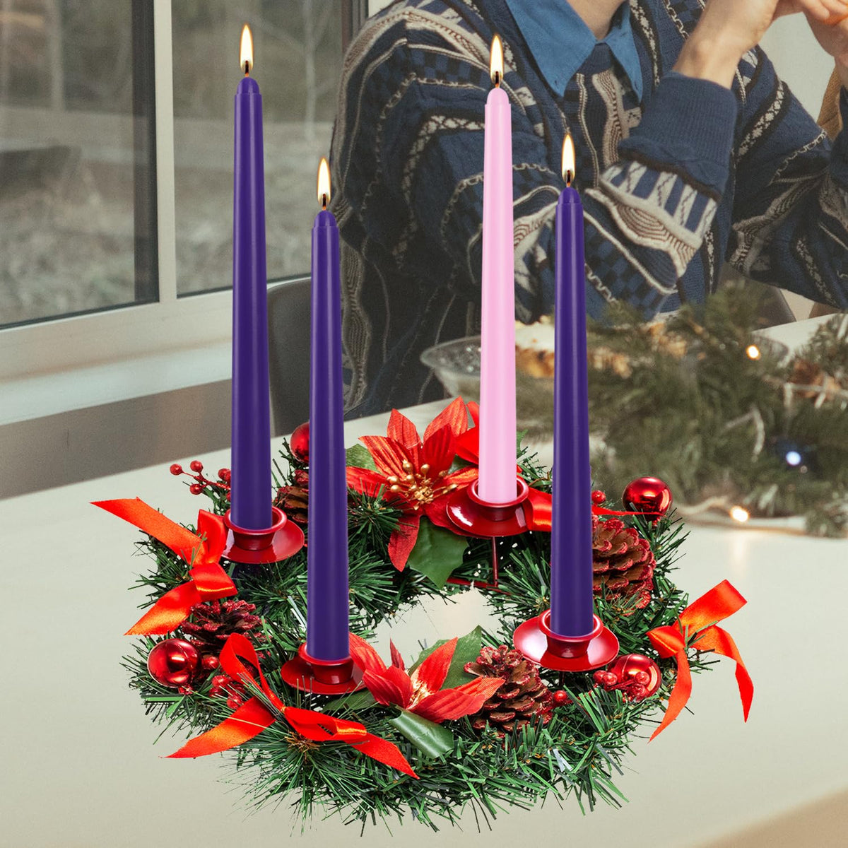 16pcs 10-inch Advent Taper Candles Unscented and Dripless for Christmas, Advent, Holidays, Church, Devotional, Celebration, Party (Purple, Pink)