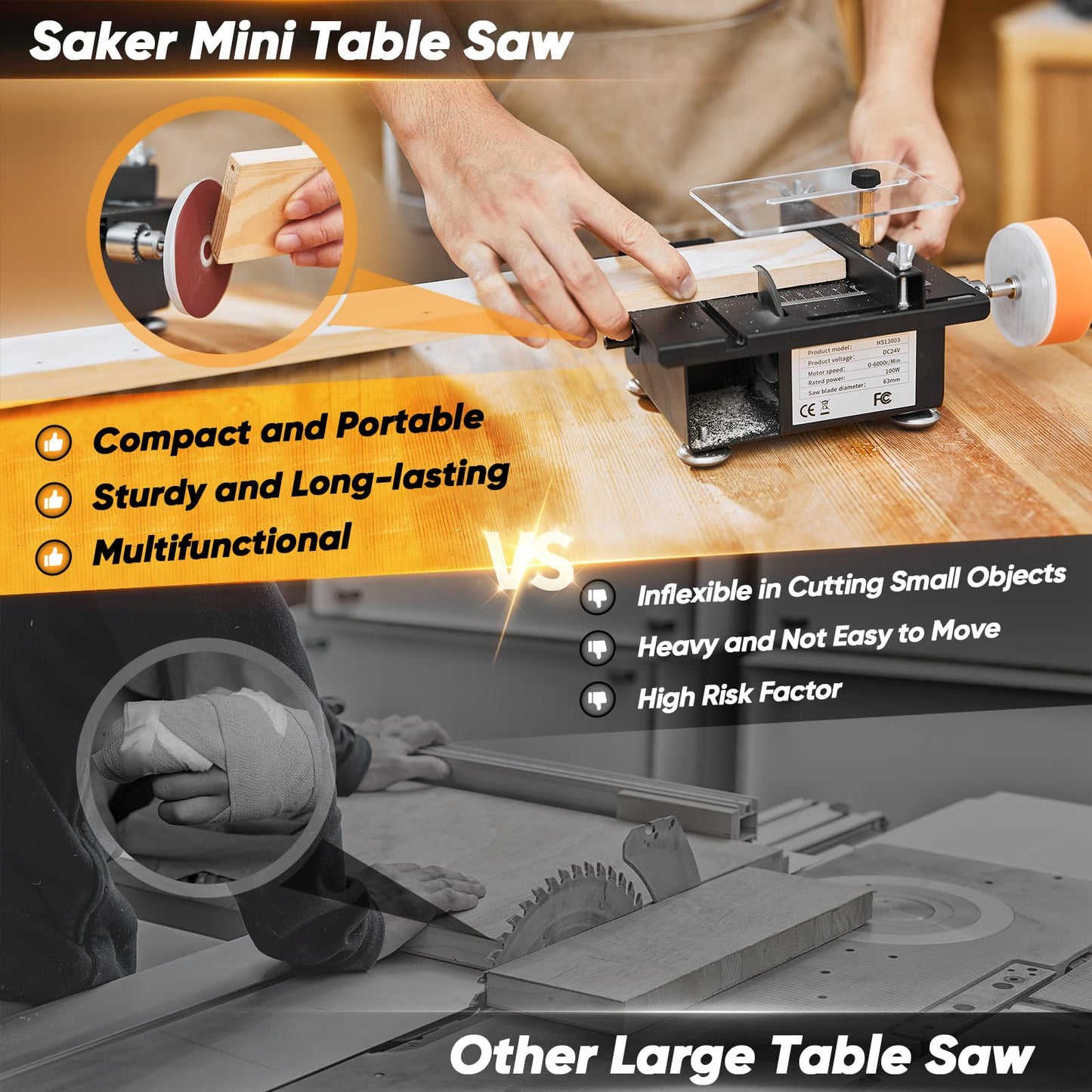 Saker Mini Multi-Functional Table Saw - Portable Desktop Electric Saw for Wood & Plastic Cutting, Speeds & Angle Adjustable with More Accessories