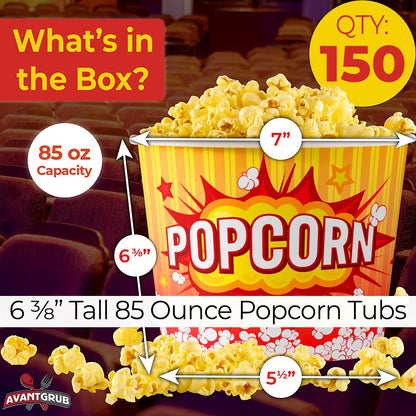Greaseproof, Retro 85oz Popcorn Buckets 150 Pack. Durable Pop Corn Tubs in Red Yellow. Large Disposable Containers Perfect For Movie Night, Theme Party, Theater, Carnivals & Fundraisers