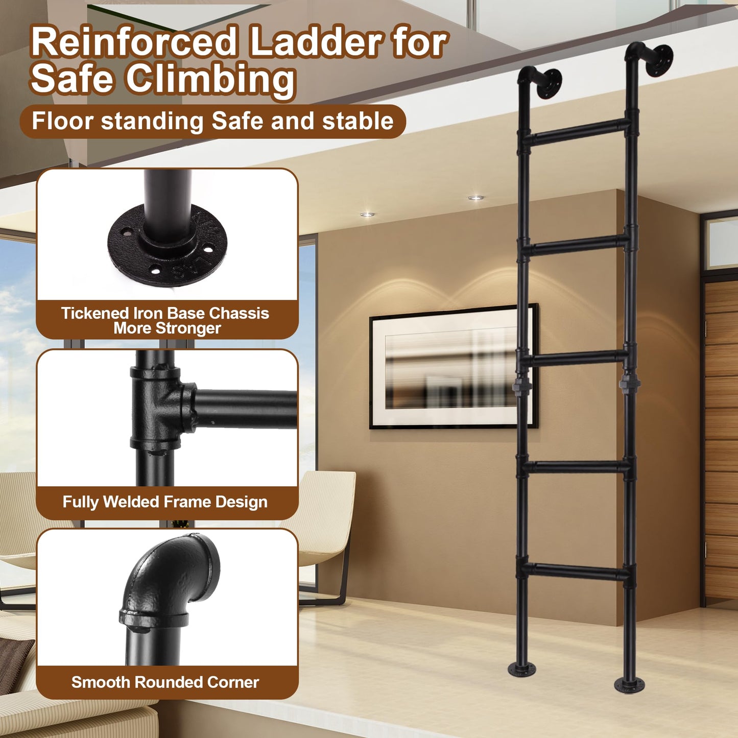 8FT/244CM Ladder for Loft, Wall-to-Floor Window Well Egress Climbing Ladder, Wrought Iron 330lbs Capacity, 8-Rung, Indoor Outdoor for Basements, Attics, Lofts, Dorms & Home