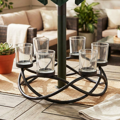 Seraphic Candle Holder Centerpiece for Tables, Outdoor Patio Umbrella Centerpieces, Round Dining Room Table Decor, Wrought Iron 6 Cup Candelabra, Modern Rustic Kitchen Island Tabletop, Black/Clear