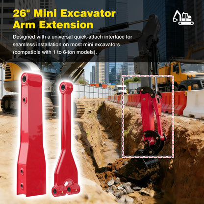 26" Mini Excavator Arm Extension - Heavy-Duty Steel Quick Attach Boom, Fits 1-6 Ton Machines, Extended Reach for Ditch Digging & Trenching, Mini Excavator Accessories