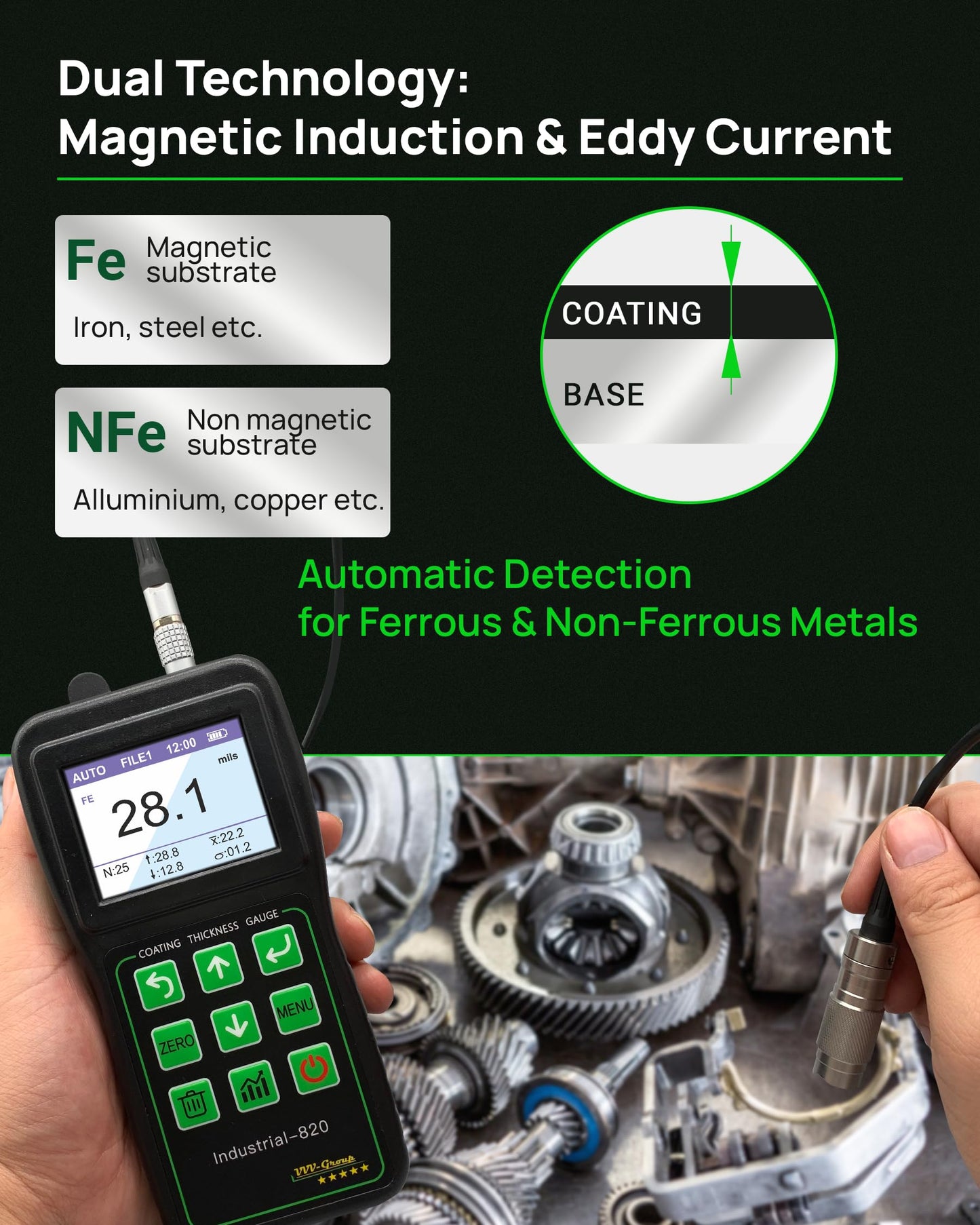 Coating Thickness Gauge Industrial-820 – 0–1500µm (0–59 mils) Dual F/N Probe, USB PC Data Export, 500 Data Groups, Statistics Mode, Alarm Limits, Industrial & Automotive Inspection