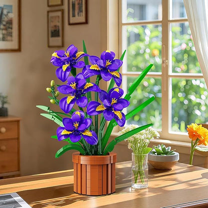 Flowers Botanicals Iris Building Set - Easter Artificial Purple Bonsai Plant for Home Office Décor 808PCS Flower Building Kit Indoor Decoration Floar Gift for Adults Wife Girlfriend Mom