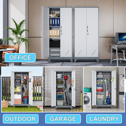LyAosdFu 61" Metal Storage Cabinet with Lockable Doors, Cleaning Supply Cabinet with Pegboard and Hanging Rod. Garage Tool Storage Cabinets for Home, Laundry, Office, Home Kitchen Utility Cabinet