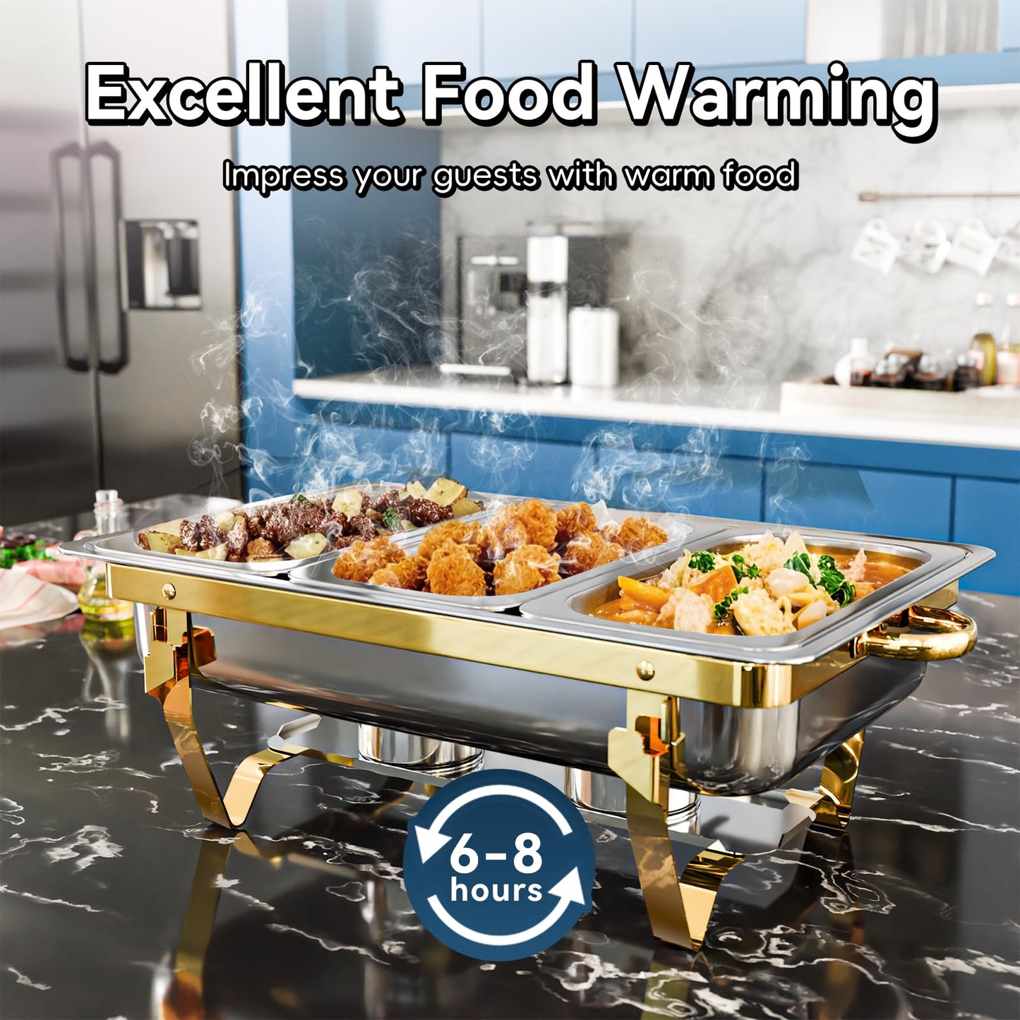 Amhier Chafing Dishes for Buffet 9Qt 4 Pack [Multiple Food Pans Combo] | [Sturdy and High Grade] Stainless Steel Chafing Dishes for Weddings, Parties & Festival, Gold