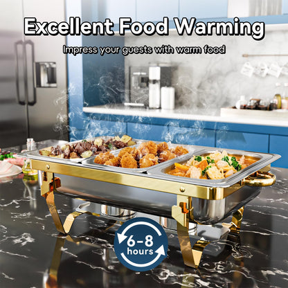 Amhier Chafing Dishes for Buffet 9Qt 4 Pack [Multiple Food Pans Combo] | [Sturdy and High Grade] Stainless Steel Chafing Dishes for Weddings, Parties & Festival, Gold