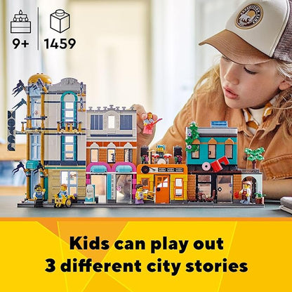 LEGO Creator Main Street 31141 Building Toy Set 3 in 1 Features a Toy City Art Deco Building Market Street Hotel Café Music Store and 6 Minifigures Endless Play Possibilities for Boys and Girls
