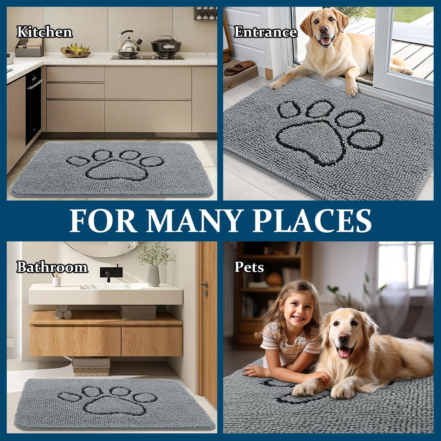 OLANLY Chenille Dog Door Mat - Soft & Absorbent Area Rug Bundle | 30x20 in & 4x5.9 ft - Grey