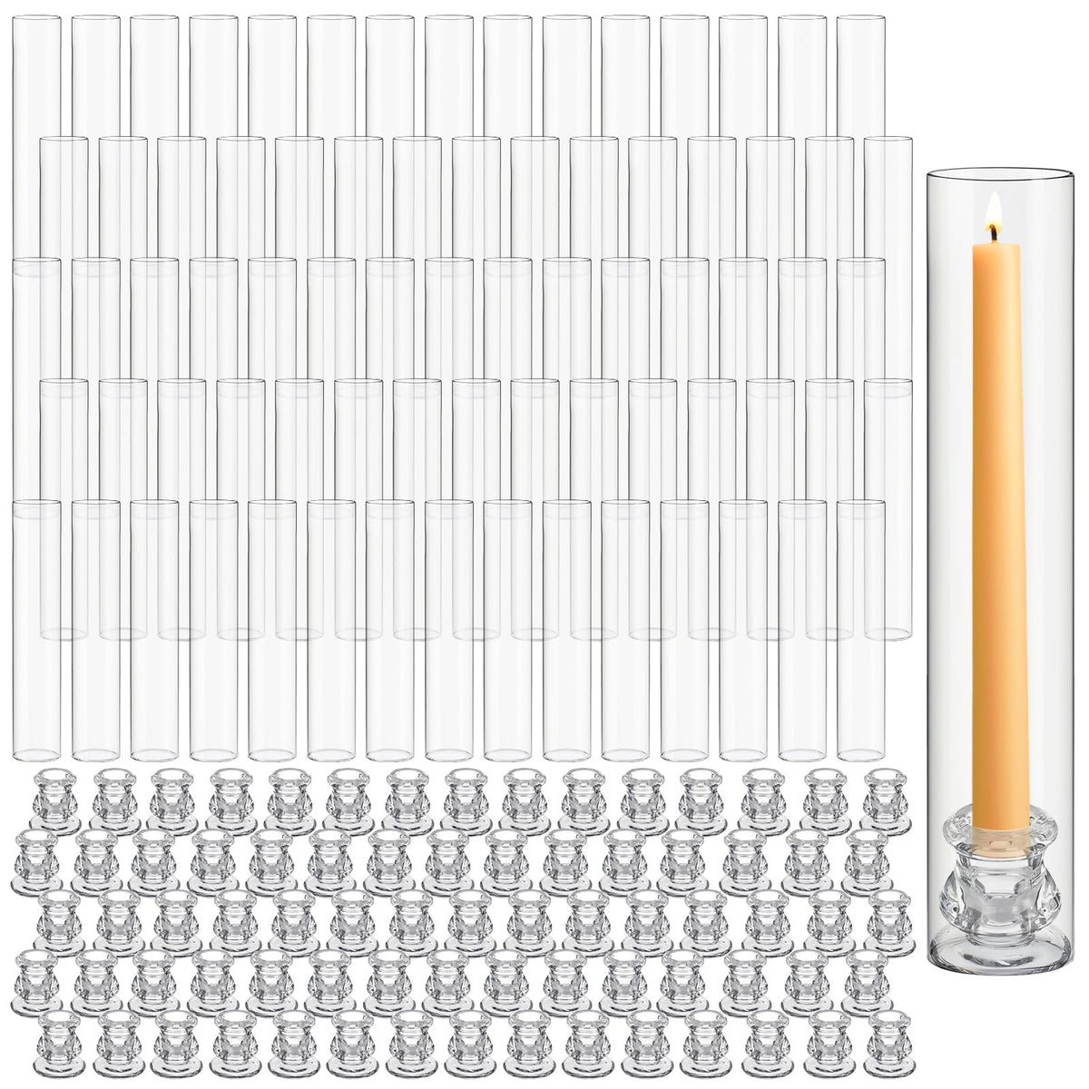 Teenyyou 12 Set Glass Hurricane Candle Holders Bulk 12.6" Open Ended Glass Candleholder Tube Shape Bottomless and 2.2" Taper Clear Candlestick Holders for Wedding Table Centerpiece (Clear)