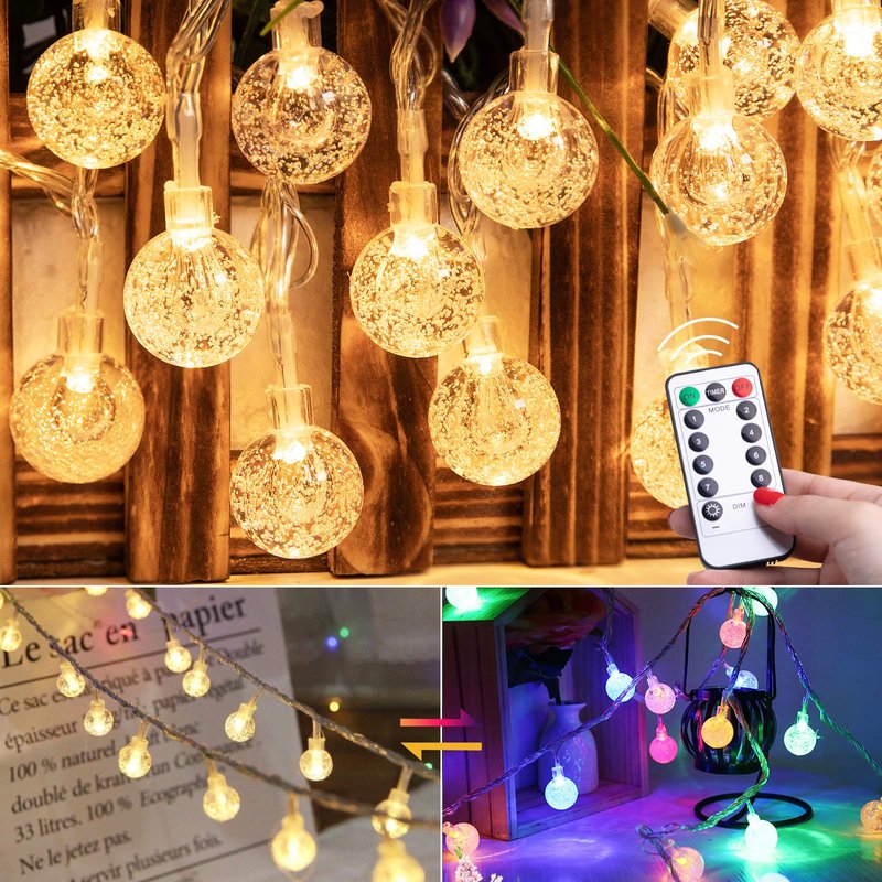 Minetom Crystal Globe String Lights Plug in - 33 ft 100 LED Globe Fairy String Lights with Remote and Timer, Waterproof for Bedroom Tent Loft Bed Window Porch Patio Party Holiday Decor, Warm White
