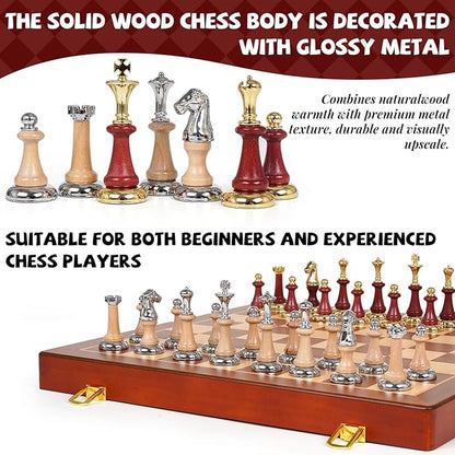 Large Wooden Chess Set with Metal &amp Wooden Chess Pieces Luxury 17 Inch Chess Board Game with 2 Extra Queens Premium Classic Strategy Board Game for Adults Kids Beginners &amp Gift Lovers