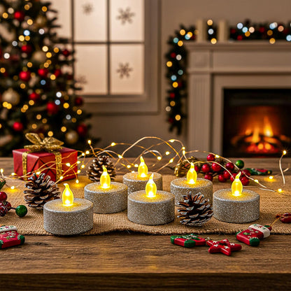 Aulaygo 12Pcs Tea Light Votive Candles with 6h Timer,Led Candles Battery Operated Warm White Flickering for Christmas Decor,Event,Anniversary Party,Wedding(Silver)