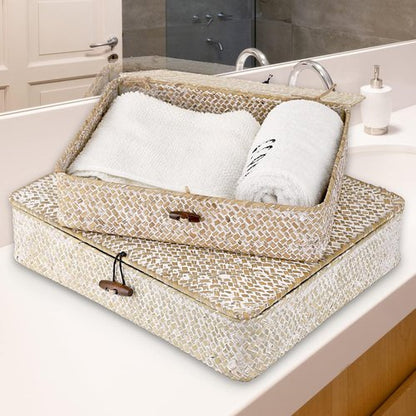 Hipiwe Wicker Storage Bins - Set of 2 Natural Seagrass Baskets with Lids | Multipurpose Home Organizer (Whitewash)