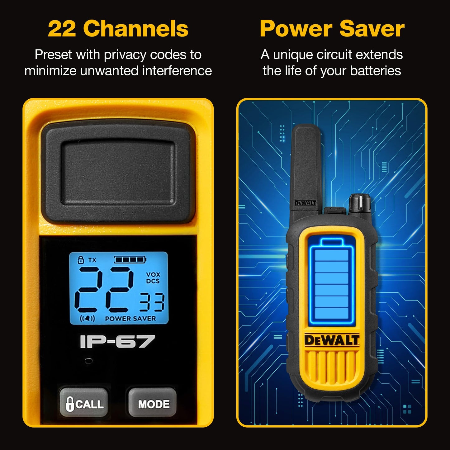 DEWALT DXFRS800 FRS Walkie Talkies Long Range 2 Way Radio, 2 Watt, Waterproof & Rechargeable, 2 Pack