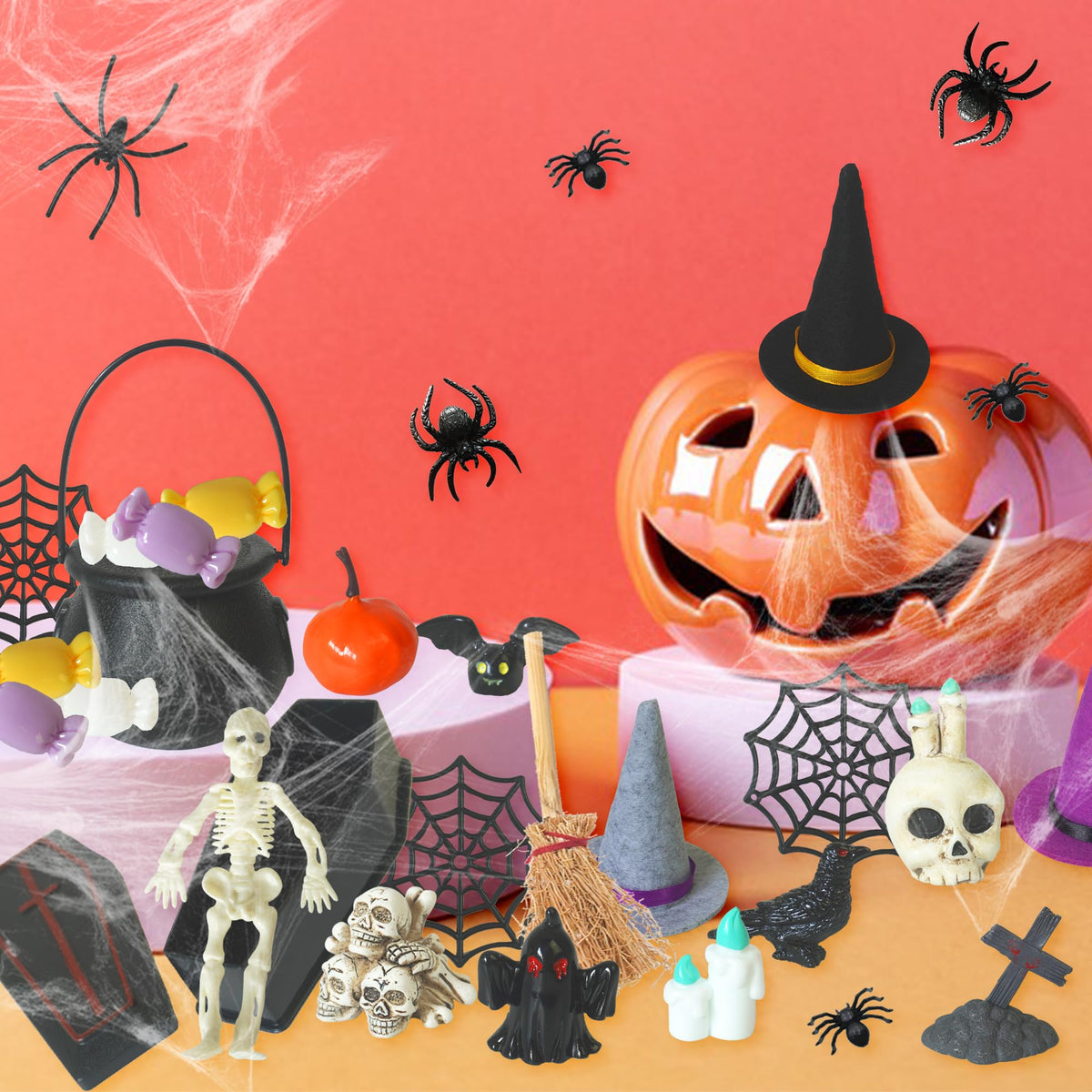 ZXSWEET Halloween Village Ornaments Accessories Desktop Decorations Witch Hat Coffin Skeleton Spider Pumpkin for Halloween Party Tabletop Decoration Supplies