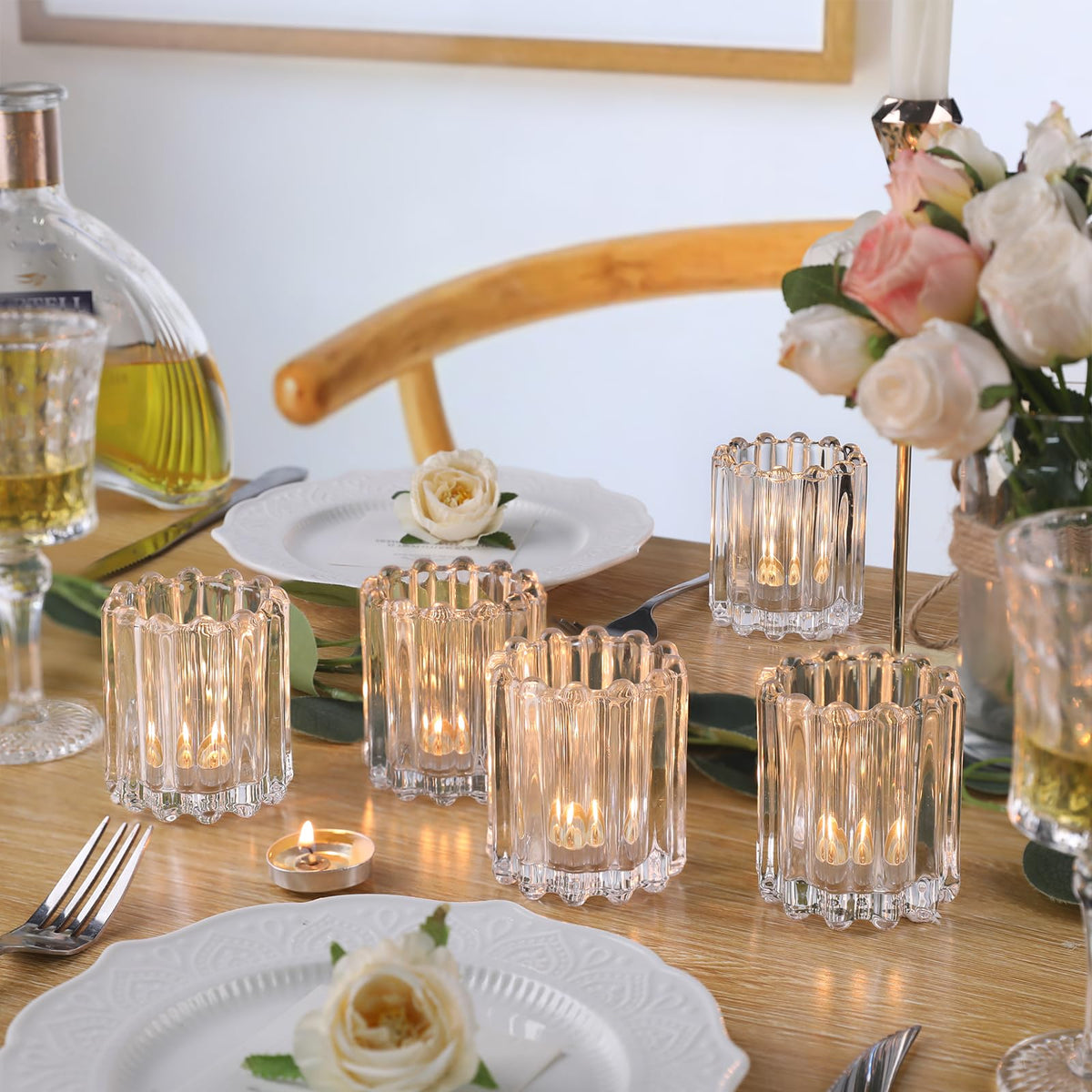 HAVITI Glass Clear Votive Candle Holder, Ribbed Votive Candle Holders Set of 12, Tealight Candle Holder for Wedding Centerpieces Dinner Party Table Decor