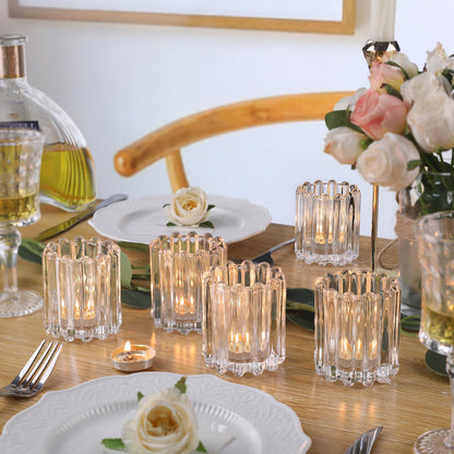 HAVITI Glass Clear Votive Candle Holder, Ribbed Votive Candle Holders Set of 12, Tealight Candle Holder for Wedding Centerpieces Dinner Party Table Decor