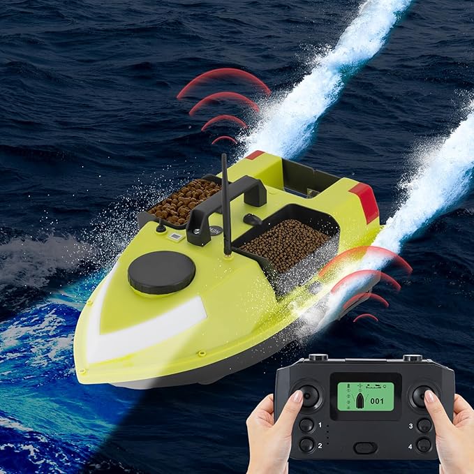 LYNICESHOP Fishing Bait Boat w/Dual 390 Motors generating 52W of Power 500m/1640ft RC Fishing Boat Bait Boats for Surf (Green with Light Bar)