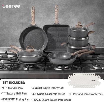 JEETEE Pots and Pans Set Non Stick 23pcs, Healthy Kitchen Cookware Sets, Induction Cooking Set W/Gray Frying Pans, Saucepans, Sauté & Griddle & Crepe Pan (PFOA, PFAS Free)