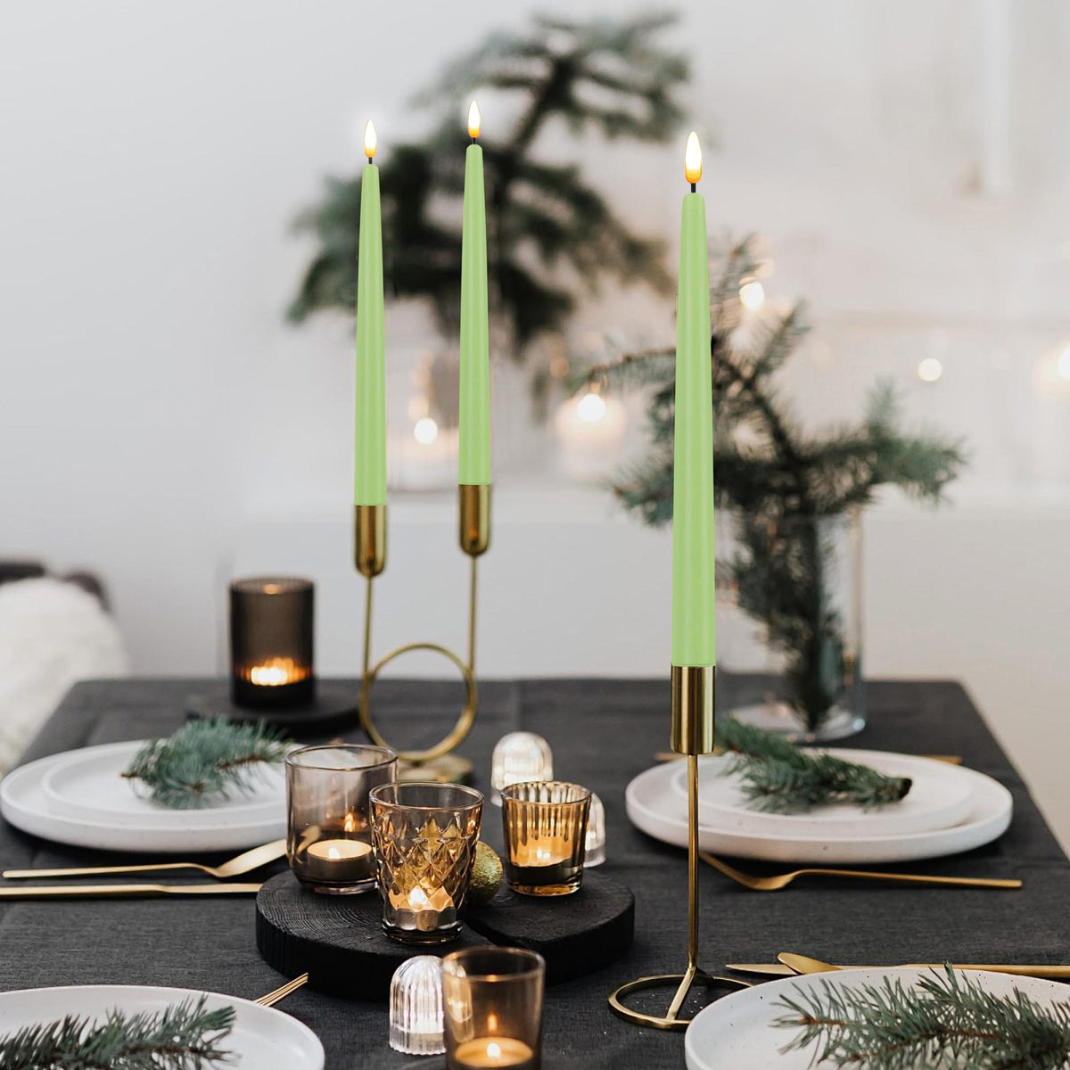 CVHOMEDECO. Flameless Taper Candles with 10-Key Remote, Battery Operated Led Flickering 3D Wick Window Candles Real Wax Finished Home Christmas Party Decor 0.78 x 11 Inch, Pack of 3, Light Green