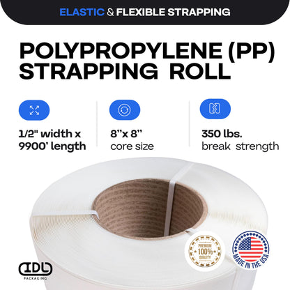 IDL Packaging 1/2" x 9900' Machine Grade Polypropylene (PP) Strapping Roll of 8" x 8" Core Size (350 lbs Break Strength) for Automatic and Semi-Automatic Machines - Lightweight Poly Banding Packaging