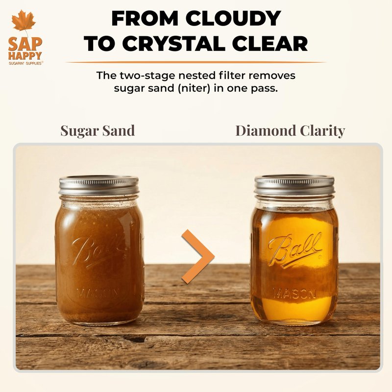 SAP HAPPY Maple Syrup Filter Kit — Orlon Cone Filter & 5 Pre Filters for Finishing Maple Sap, Reusable Heavy-Duty Synthetic Strainer Set, Removes Sugar Sand & Niter, Includes How-To Guide