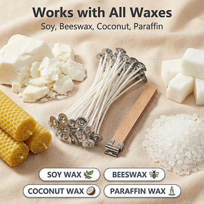 Candle Wick Making Kit, 90 Cotton & 10 Wood Wicks, 4 6 8 Inch Pre-Waxed Cotton Wicks with Wick Holders, Metal Tabs, Stickers, Labels, Twine for Soy, Beeswax, Jar, Pillar Candle Making