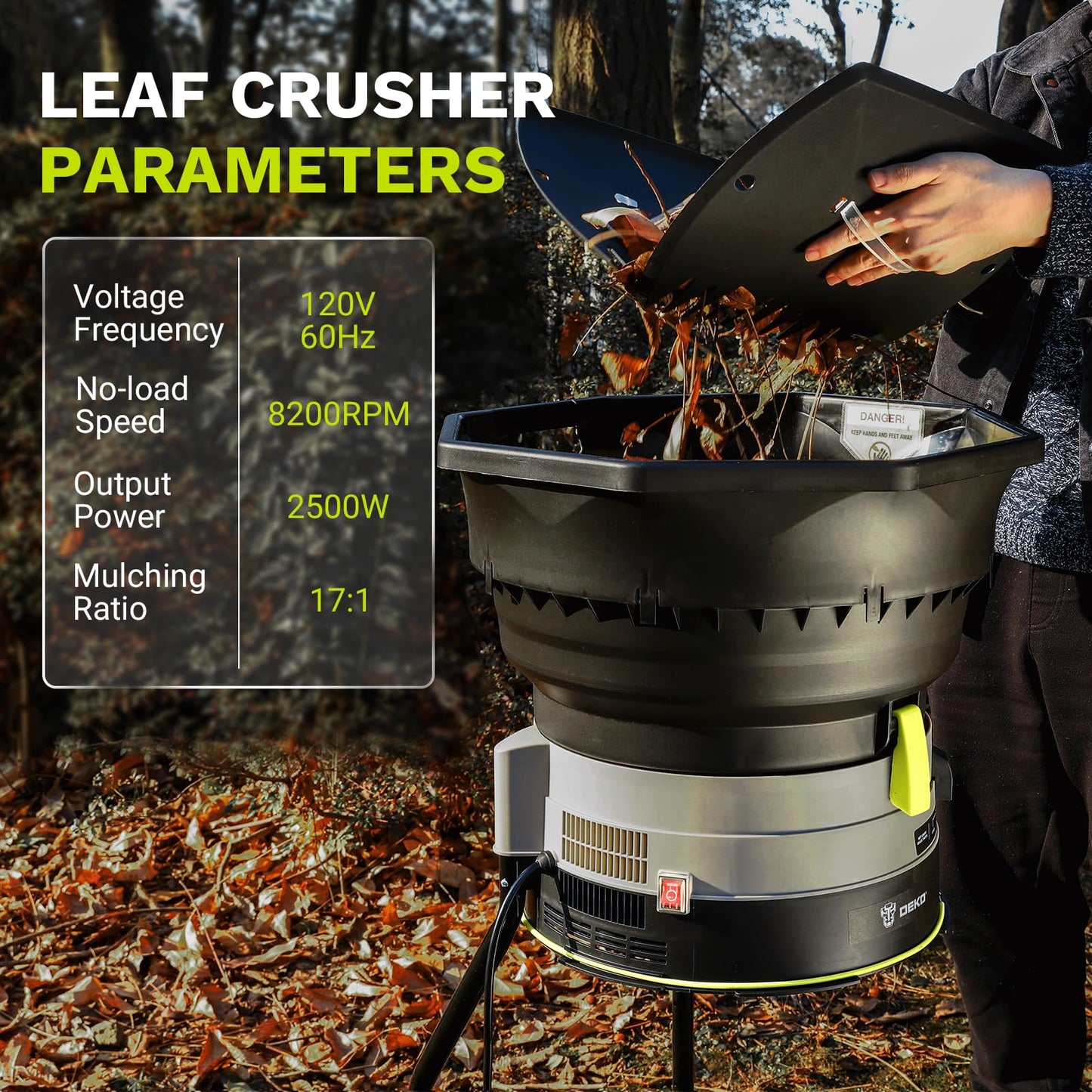 Electric Leaf Mulcher/Shredder: DEKOPRO 15-Amp 8200RPM Motor for 17:1 Reduction Ratio, Adjustable Control Dia with Leaf Scoops Spade, Collection Bag & 20 Cutting Lines