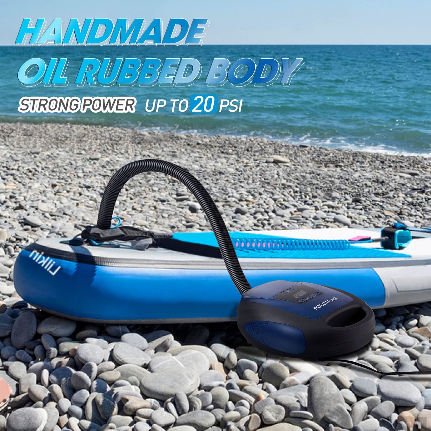 Polotrag Paddle Board Pump, SUP Electric Pump, Professional 20 PSI Portable Air Compressor with Auto-Off, Deflation Function and 12V Car DC Air Pump for Inflatables, Kayaks and Boats