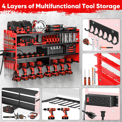 POKIPO Large Power Tool Organizer Wall Mount with Charging Station,4 Layer Heavy Duty Metal Tool Storage Shelf Loads 600lbs,Battery Utility Rack With 4 Outlet Power Strip with 8 Cordless Drill Holder