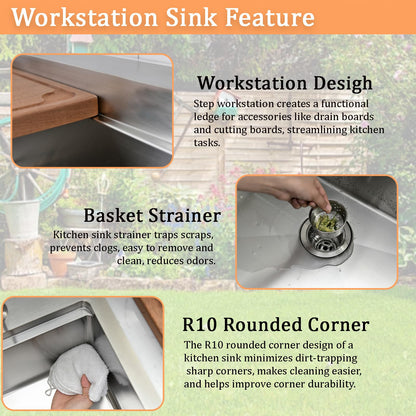 WMXQX Drop In Kitchen Sink, 33x22 Kitchen Sink with Faucet Stainless Steel Top Mount Workstation Overmount Handmade Single Bowl Deep Sink with Cutting Board&Soap Dispenser