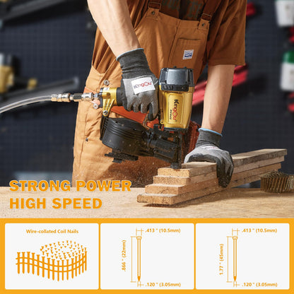 Kingou NVH45 Roofing Nailer Gun For Roofing Constructions Accepts 7/8-Inch to 1-3/4-Inch Nails 15 Degree With 3/8 NPT Air Connector 120-pcs Load Capacity Roofing Nailer